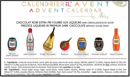 ABTEY Prestige Chocolate Liqueur Advent Calendar 270g - with Liqueurs including Label 5® Scotch Whiskey, Gibson Gin®, Saint James® Rum, Irish Coffee, BAYET Cognac etc.