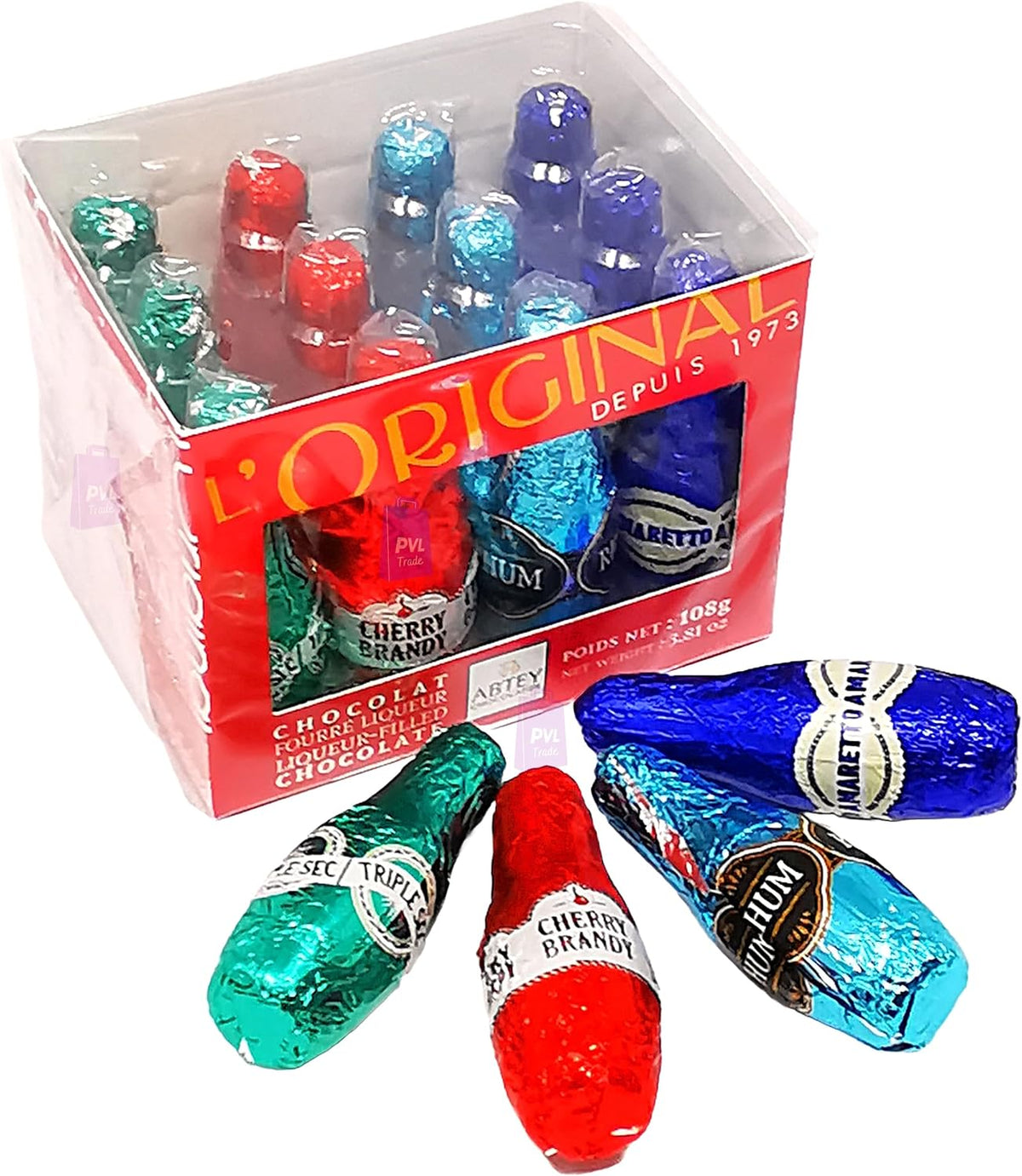 Abtey Chocolate Casier Rouge l’Original 108g - 12 Assorted Chocolate Liqueurs Bottles in a Crate