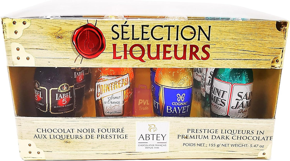ABTEY Casier Selection Chocolate Liqueurs 155g - Label 5® Whiskey, Cointreau®, St James® Rum & Bayet Cognac - 12 Assorted Chocolate Liqueurs Bottles in a Crate