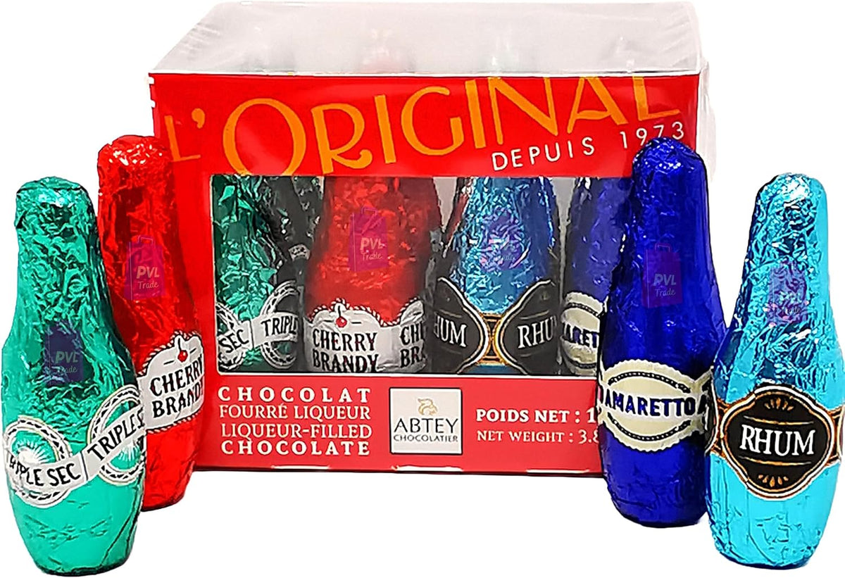Abtey Chocolate Casier Rouge l’Original 108g - 12 Assorted Chocolate Liqueurs Bottles in a Crate