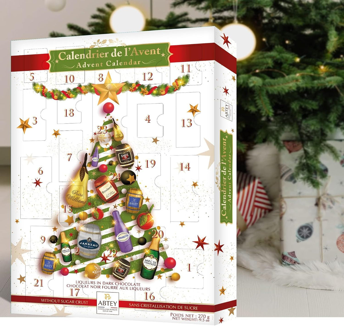 ABTEY EXCLUSIVE Dark Chocolate Liqueur Advent Calendar 2026 - Assortment of Marc de Champange, Label 5® Scotch Whiskey, Calvados Boulards®, Armagnac Janneau®, BAYET Cognac, Poire Williams - 270g