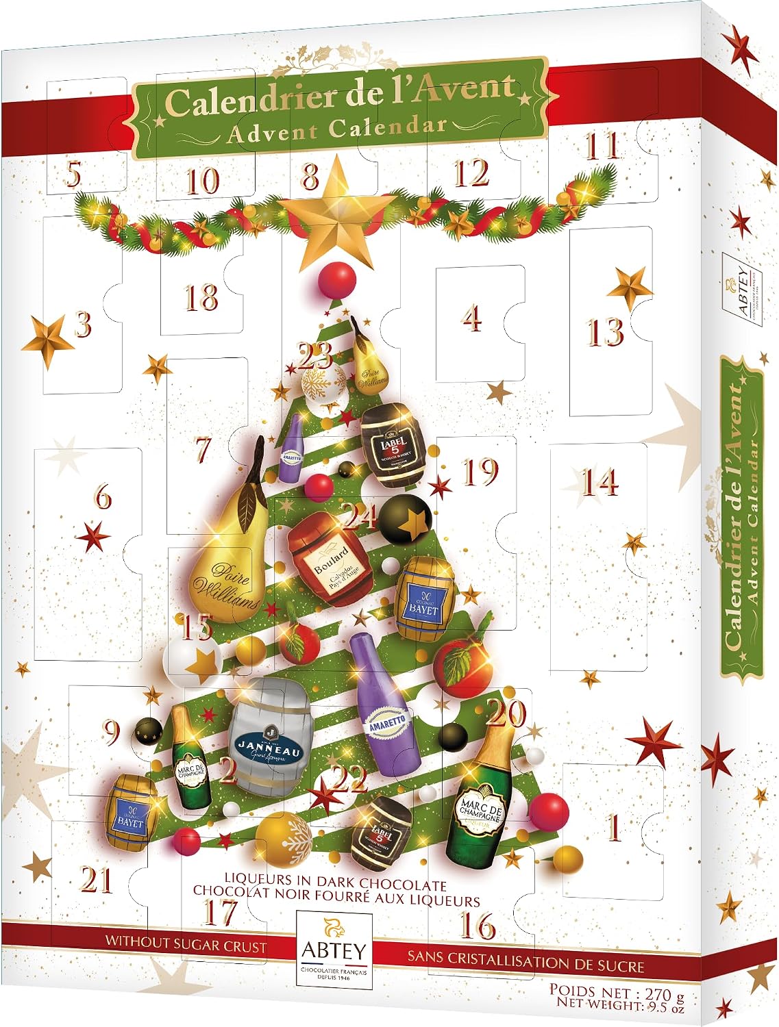 ABTEY EXCLUSIVE Dark Chocolate Liqueur Advent Calendar 2026 - Assortment of Marc de Champange, Label 5® Scotch Whiskey, Calvados Boulards®, Armagnac Janneau®, BAYET Cognac, Poire Williams - 270g