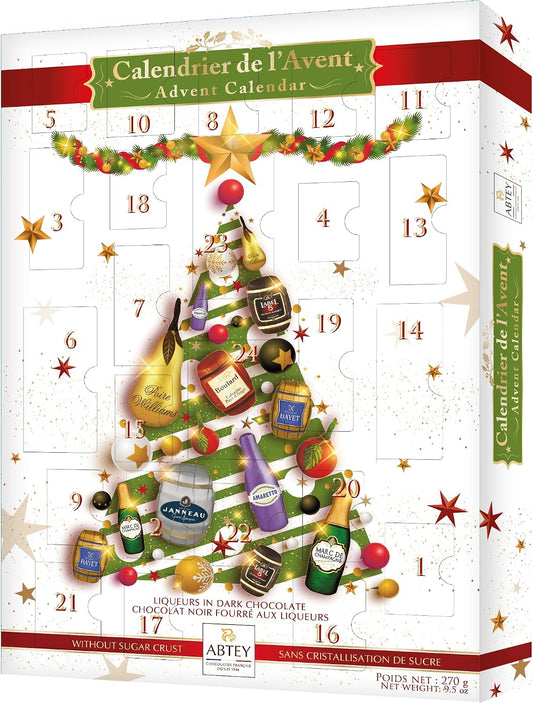 ABTEY EXCLUSIVE Dark Chocolate Liqueur Advent Calendar 2026 - Assortment of Marc de Champange, Label 5® Scotch Whiskey, Calvados Boulards®, Armagnac Janneau®, BAYET Cognac, Poire Williams - 270g