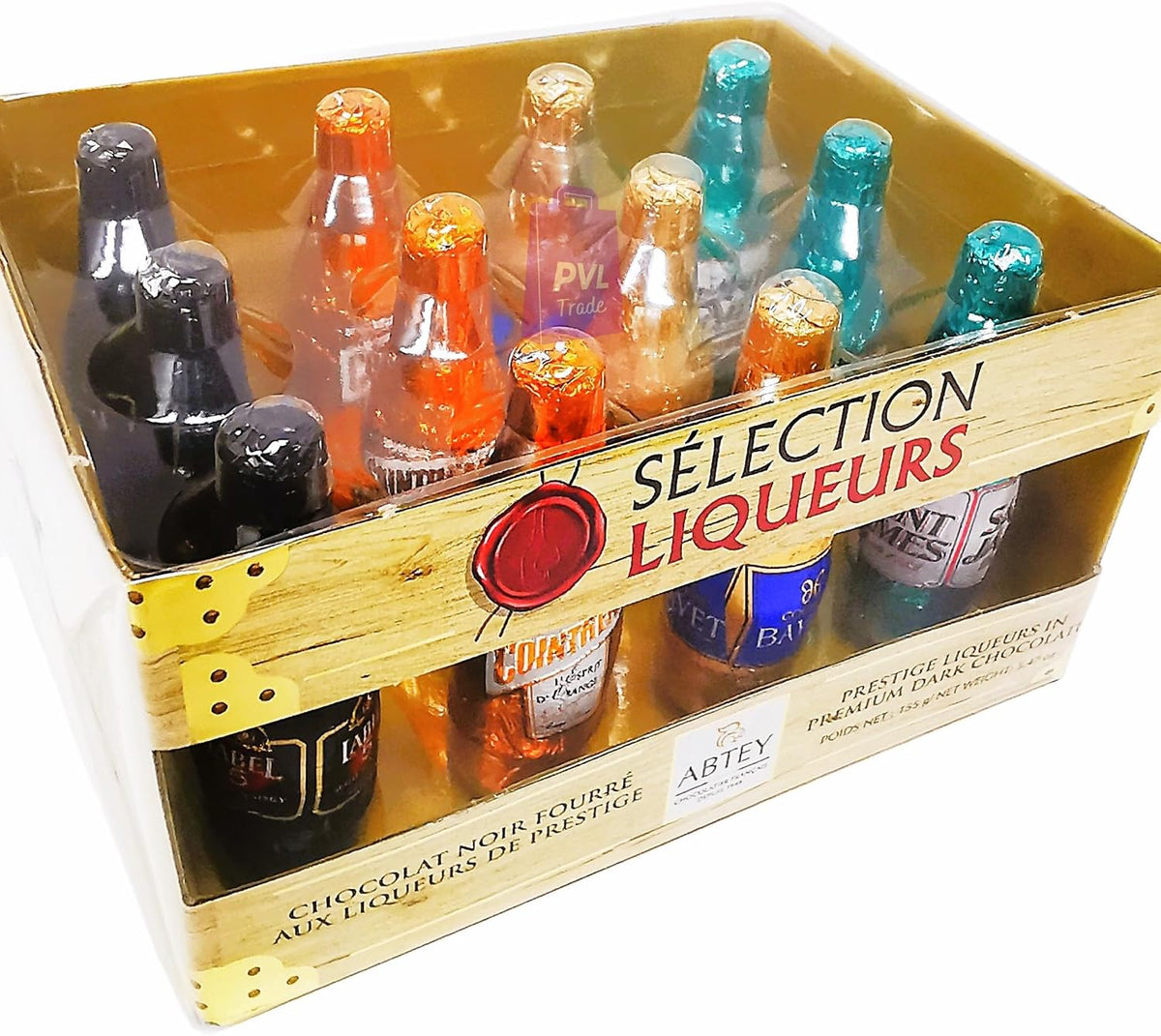 ABTEY Casier Selection Chocolate Liqueurs 155g - Label 5® Whiskey, Cointreau®, St James® Rum & Bayet Cognac - 12 Assorted Chocolate Liqueurs Bottles in a Crate