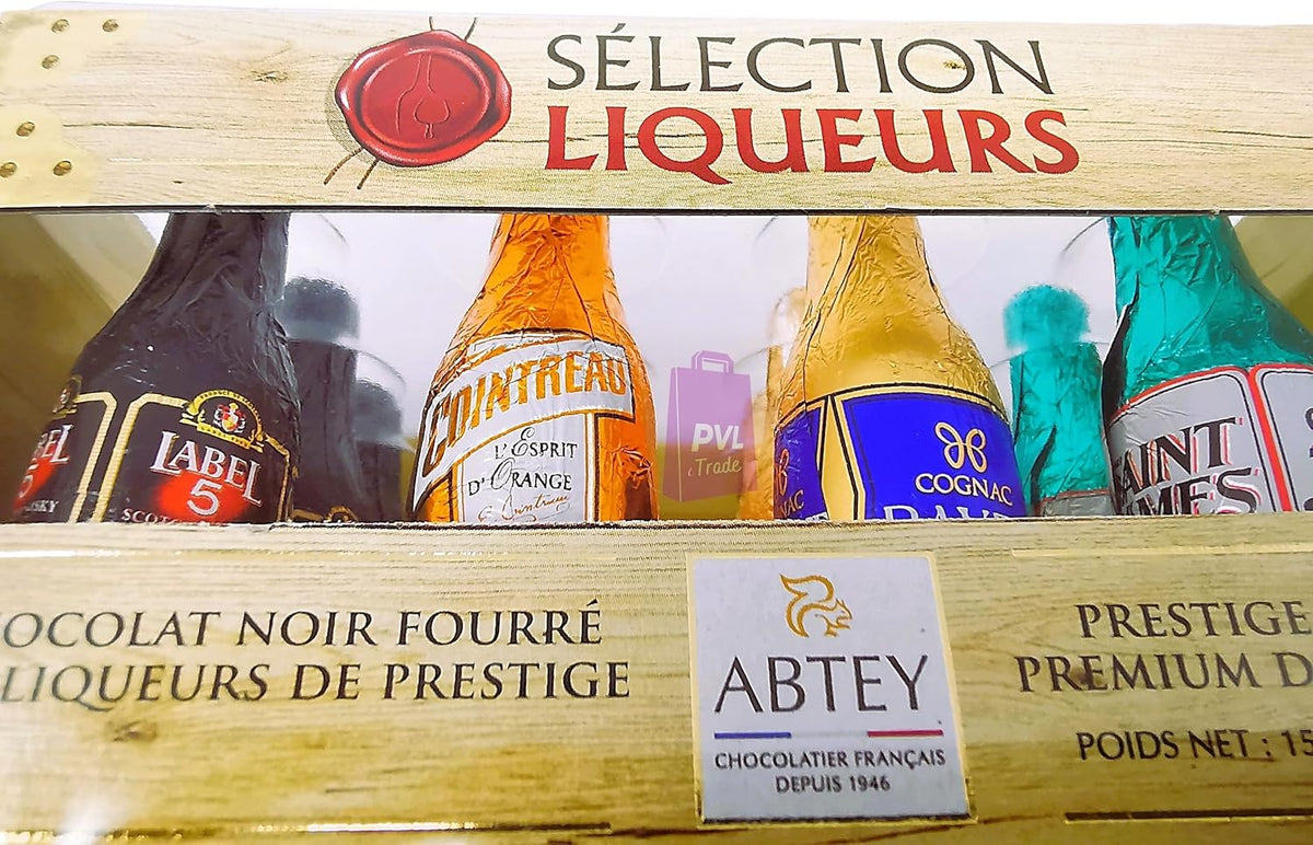 ABTEY Casier Selection Chocolate Liqueurs 155g - Label 5® Whiskey, Cointreau®, St James® Rum & Bayet Cognac - 12 Assorted Chocolate Liqueurs Bottles in a Crate