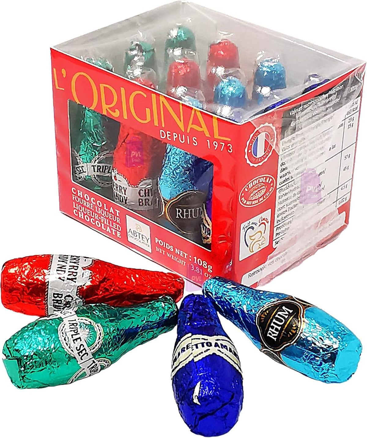 Abtey Chocolate Casier Rouge l’Original 108g - 12 Assorted Chocolate Liqueurs Bottles in a Crate