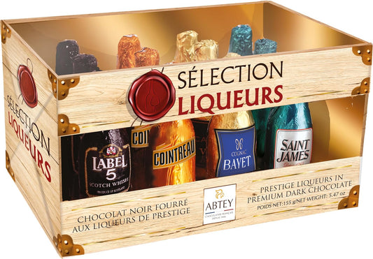 ABTEY Casier Selection Chocolate Liqueurs 155g - Label 5® Whiskey, Cointreau®, St James® Rum & Bayet Cognac - 12 Assorted Chocolate Liqueurs Bottles in a Crate