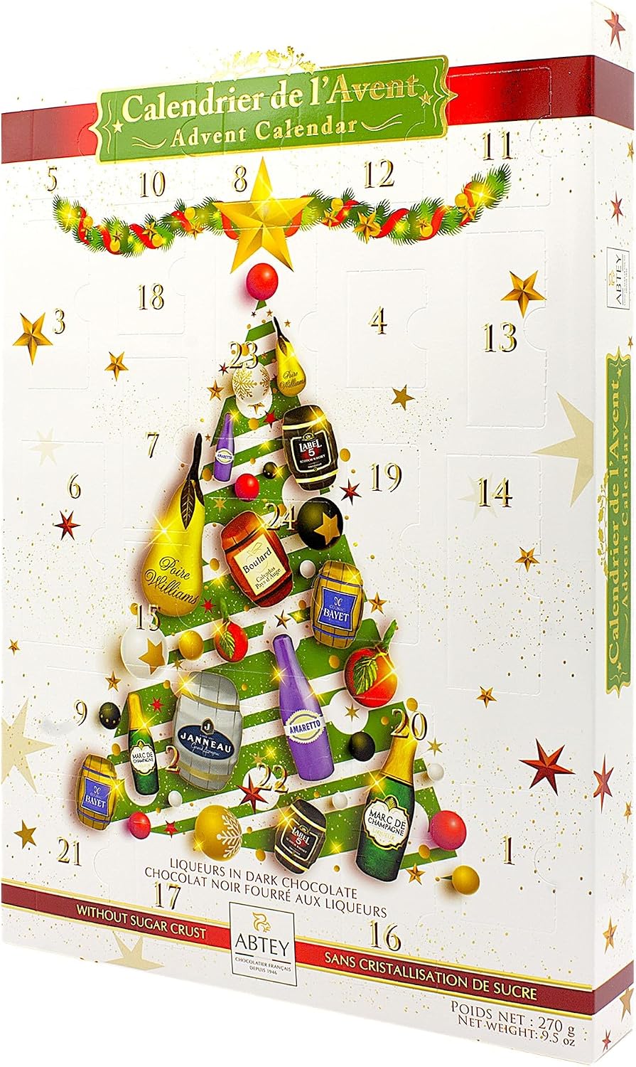 ABTEY EXCLUSIVE Dark Chocolate Liqueur Advent Calendar 2026 - Assortment of Marc de Champange, Label 5® Scotch Whiskey, Calvados Boulards®, Armagnac Janneau®, BAYET Cognac, Poire Williams - 270g