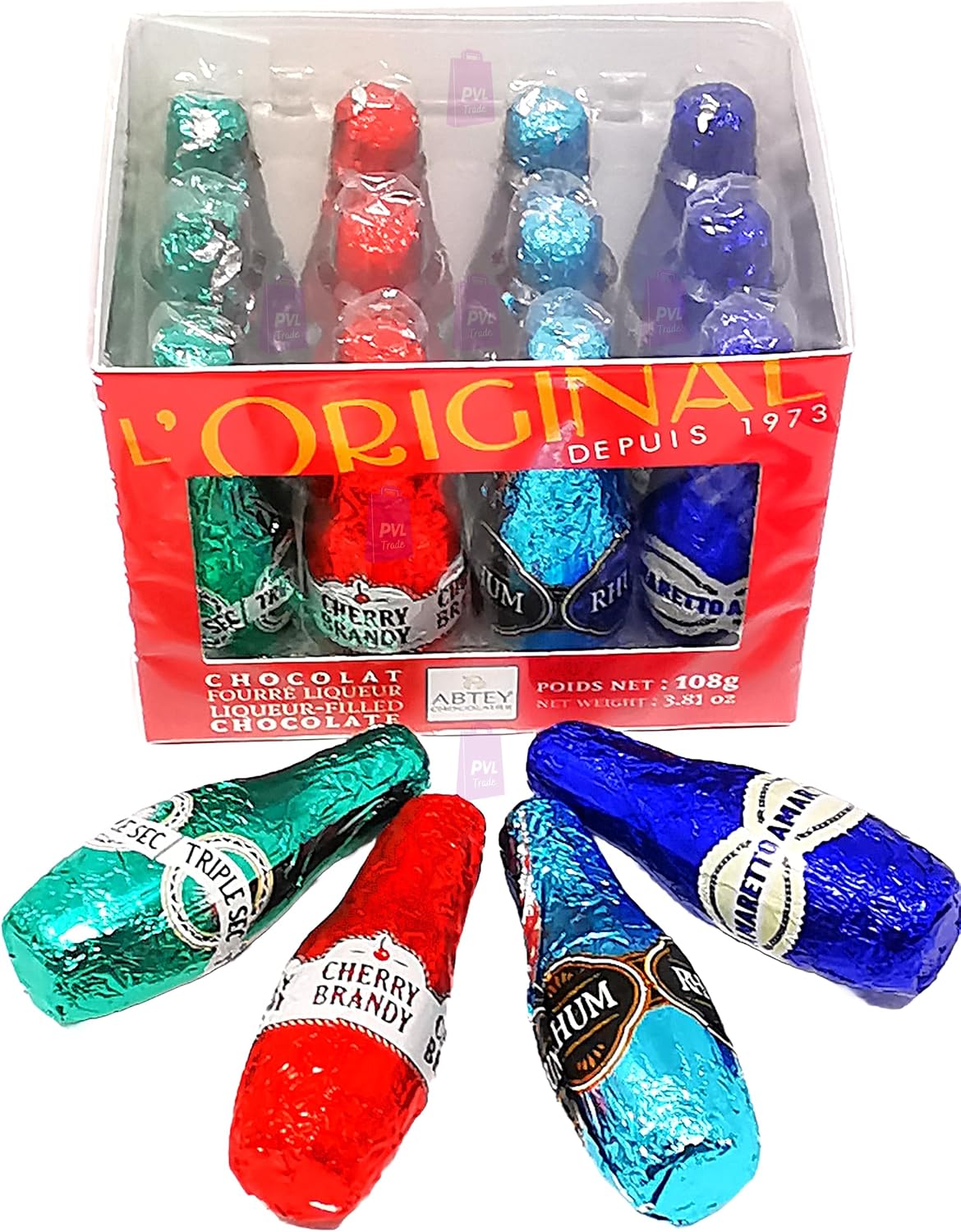 Abtey Chocolate Casier Rouge l’Original 108g - 12 Assorted Chocolate Liqueurs Bottles in a Crate