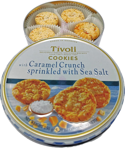 Jacobsens of Denmark Tivoli Caramel Crunch & Sea Salt Cookies 150g - Traditional Biscuit Tin Gift for Women, Men & Kids | Pack of 24