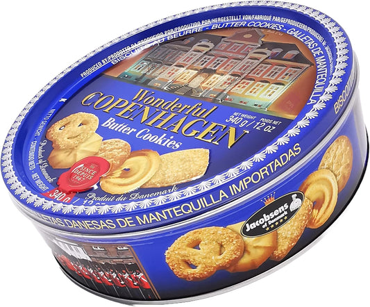 Danish Butter Cookies 340g (12 Ounce) with 32% Butter Content - in Wonderful Copenhagen Tin with Embossed Lid by Jacobsens of Denmark - Traditional Biscuit Tin Gift | Pack of 12
