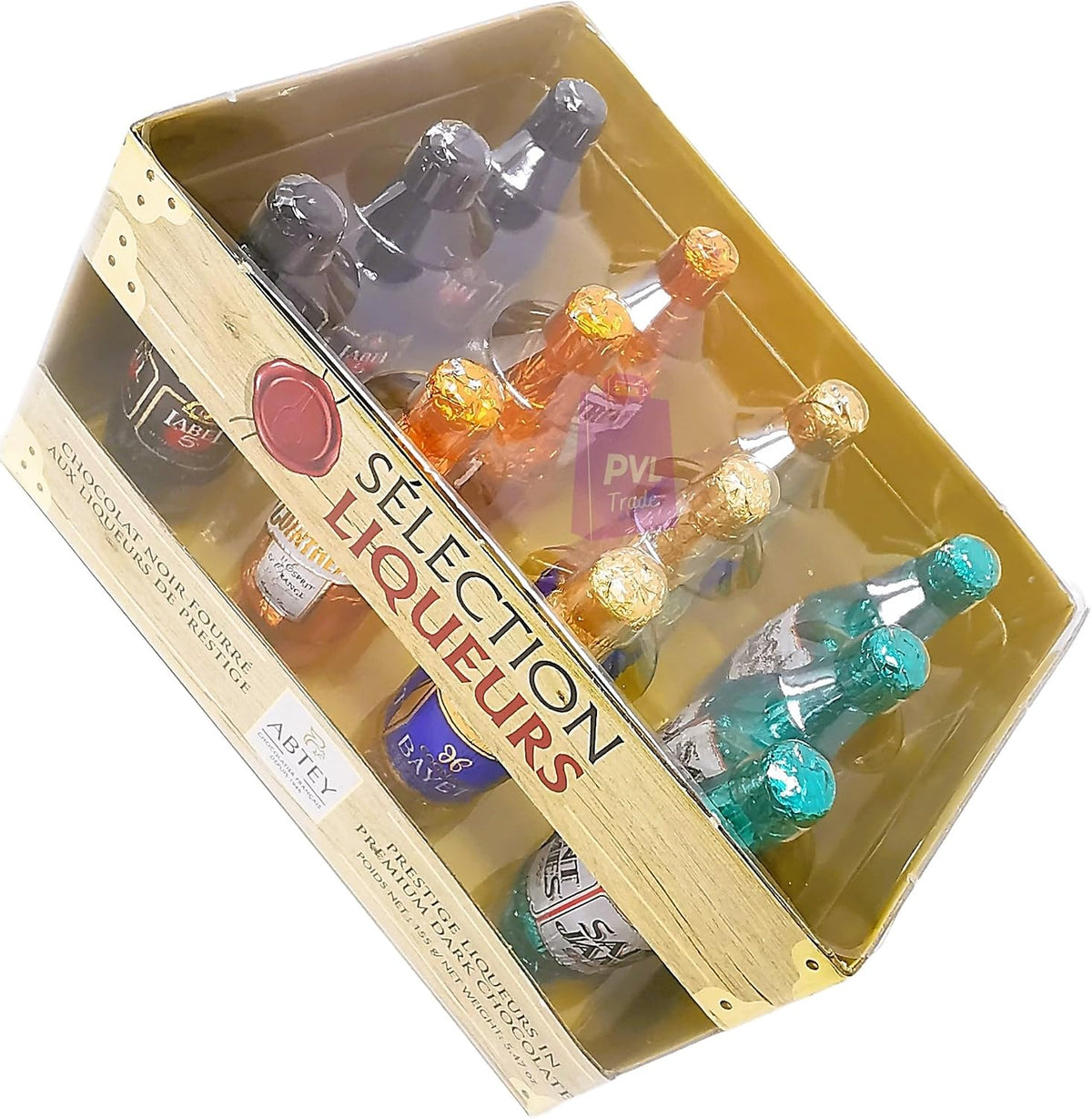 ABTEY Casier Selection Chocolate Liqueurs 155g - Label 5® Whiskey, Cointreau®, St James® Rum & Bayet Cognac - 12 Assorted Chocolate Liqueurs Bottles in a Crate