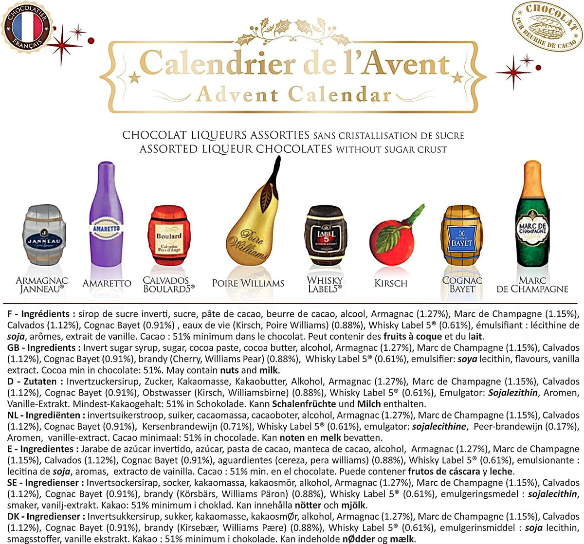 ABTEY EXCLUSIVE Dark Chocolate Liqueur Advent Calendar 2026 - Assortment of Marc de Champange, Label 5® Scotch Whiskey, Calvados Boulards®, Armagnac Janneau®, BAYET Cognac, Poire Williams - 270g