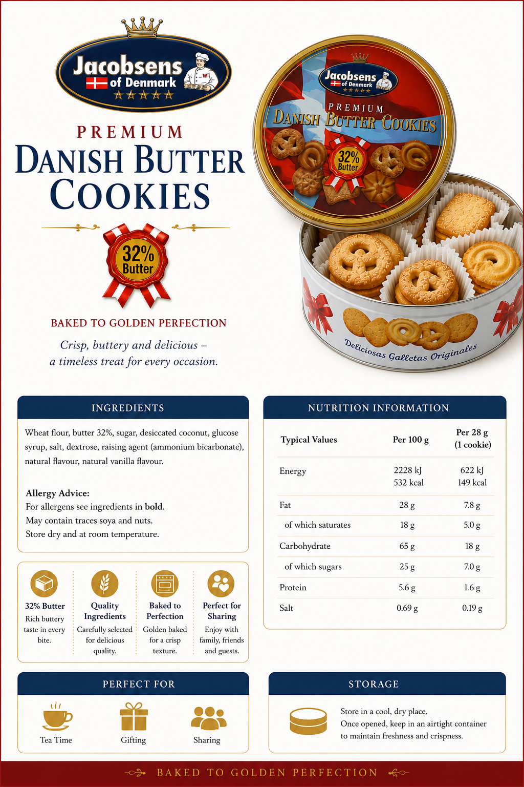 Jacobsens of Denmark Premium Danish Butter Cookies – 32% Butter