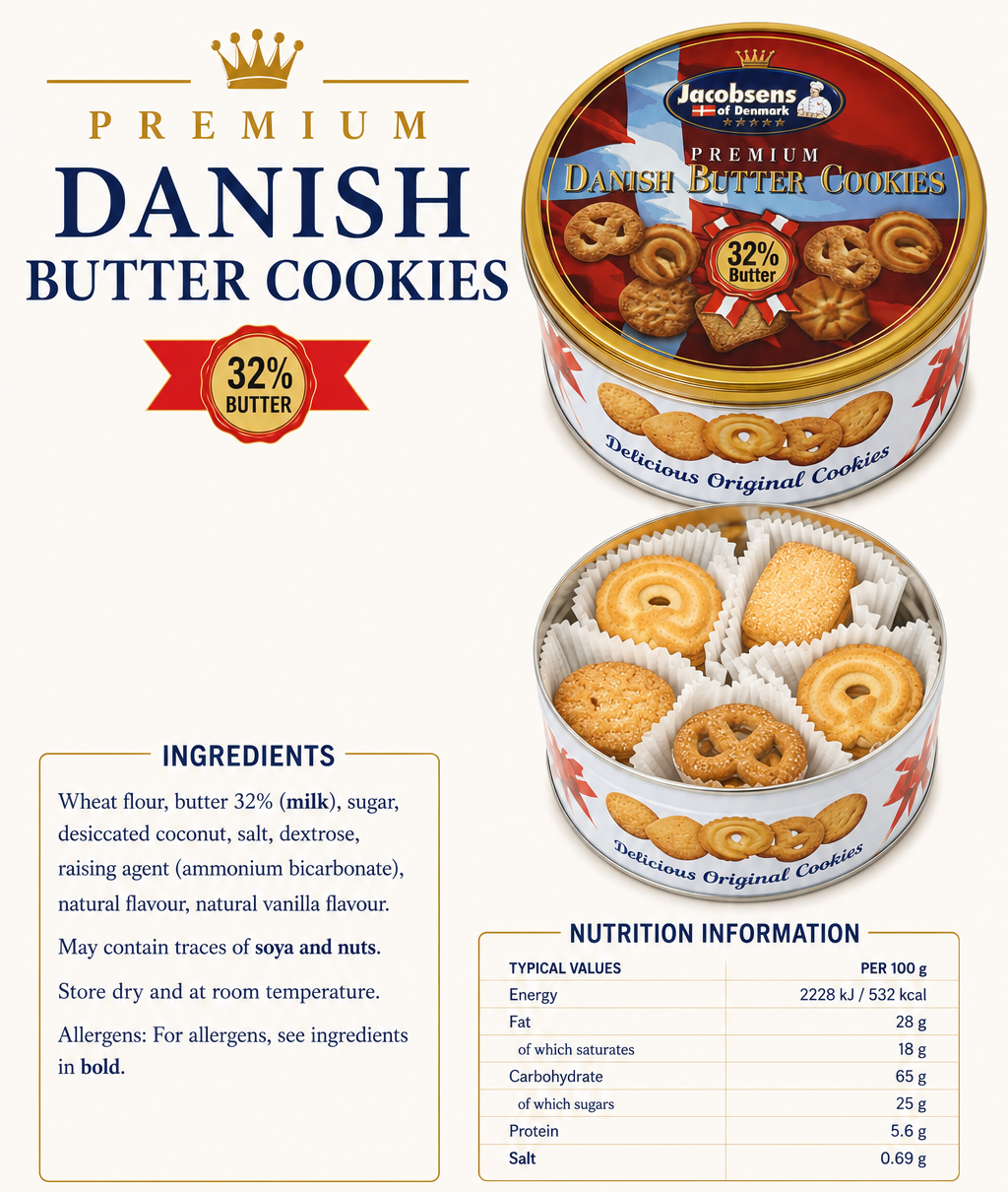 Jacobsens of Denmark Premium Danish Butter Cookies – 32% Butter contents