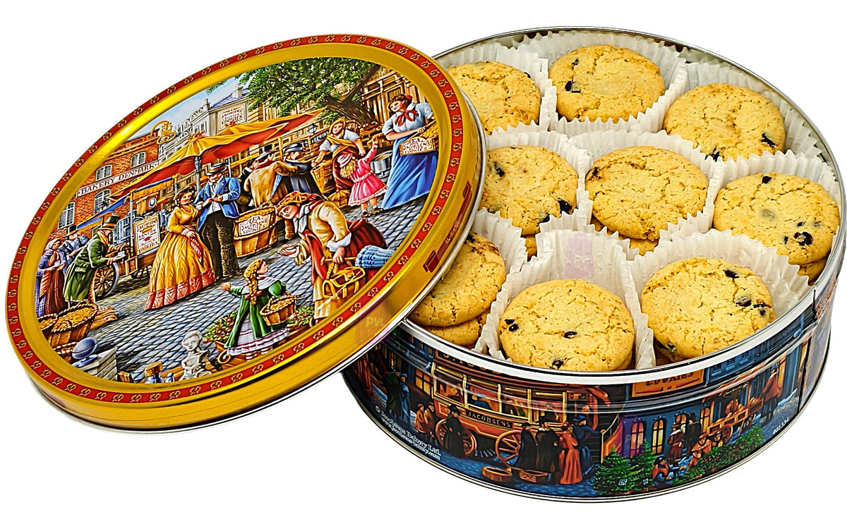 Jacobsens of Denmark Tiramisu Cookies with Dark Chocolate Chips – 454g Embossed  European Market Square  Tin