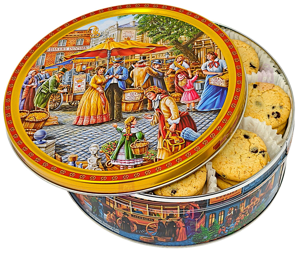 Jacobsens of Denmark Tiramisu Cookies with Dark Chocolate Chips – 454g Embossed  European Market Square  Tin