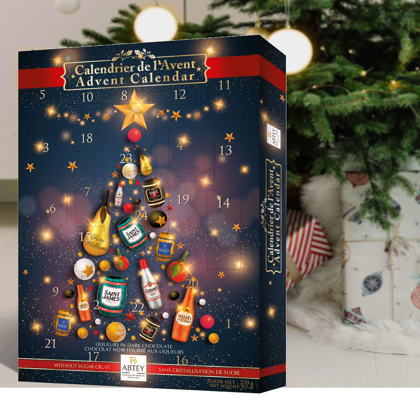 ABTEY Dark Chocolate Liqueur Advent Calendar 290g - 2025 Edition - Assortment of Marc de Champange, Cointreau, Label 5 Scotch Whiskey, CAMUS VSOP Cognac & others