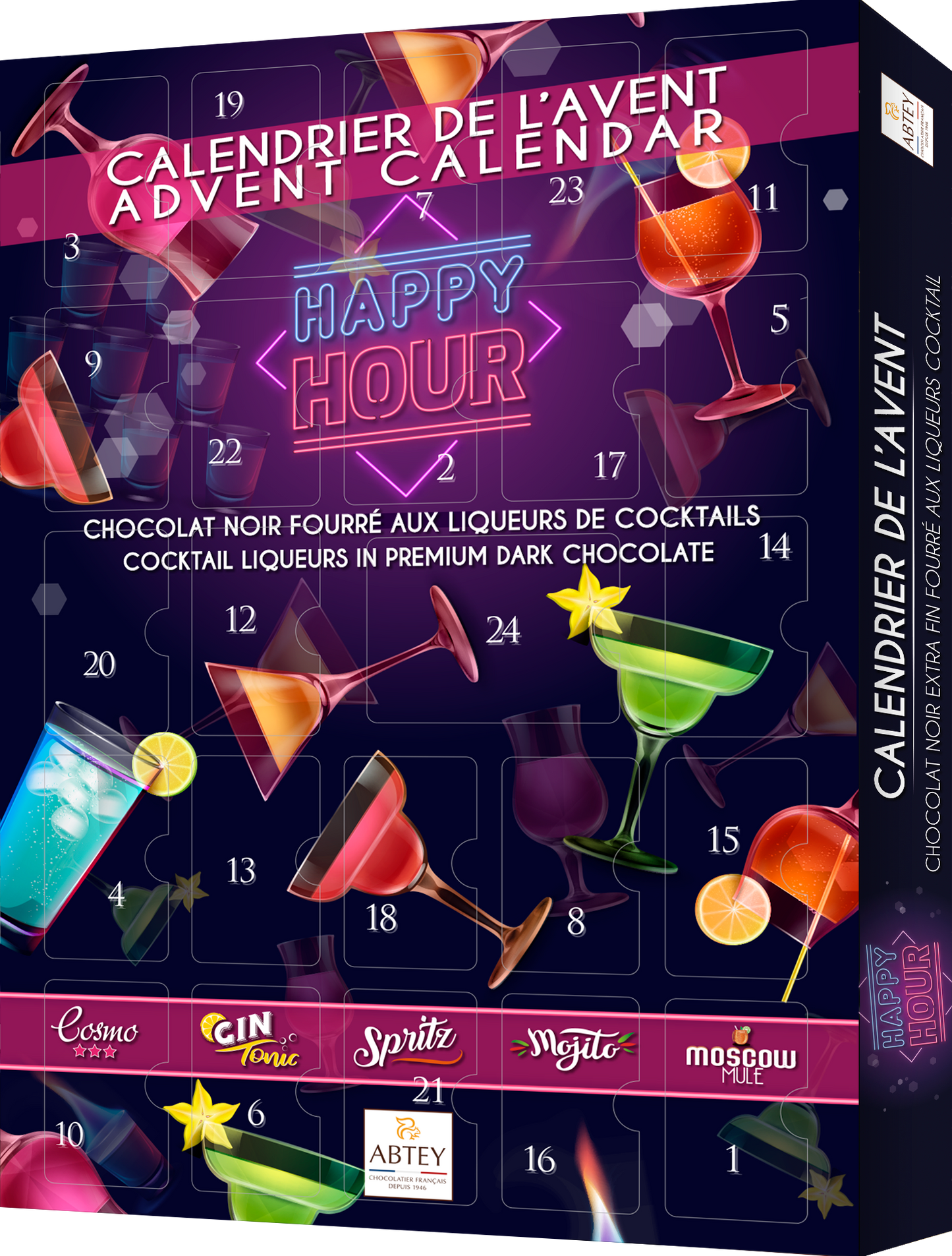 Abtey Chocolatier Happy Hour Cocktail Liqueurs in Premium Dark Chocolate 24 Days Advent Calendars, Purple, 279 g