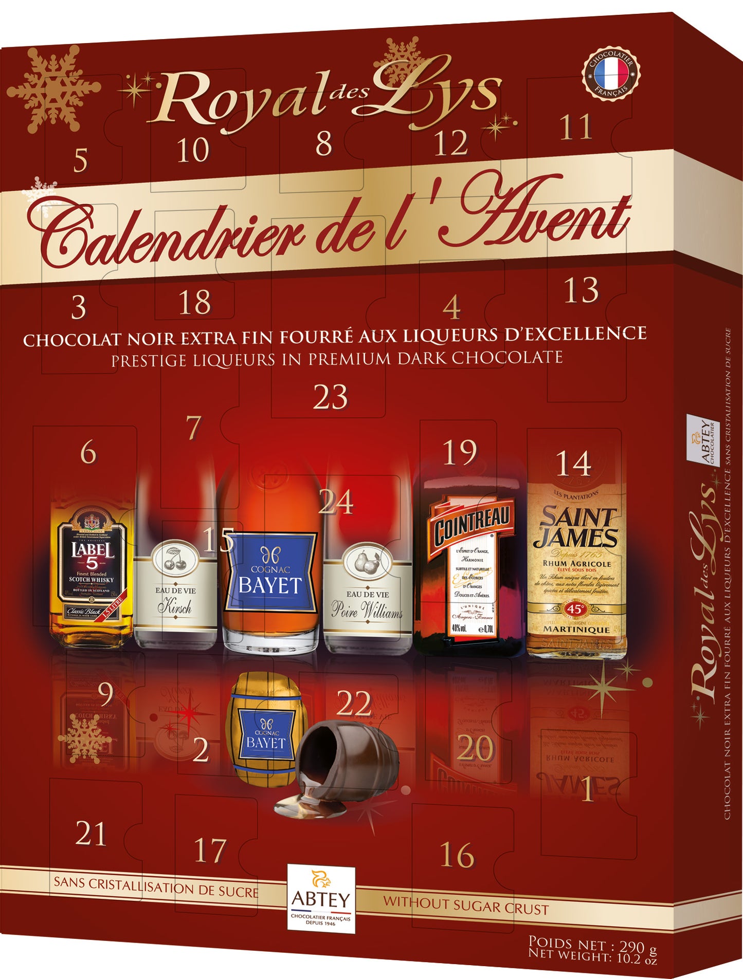 Abtey Chocolatier Royal des Lys Prestige Liqueurs in Premium Dark Chocolate 24 Days Advent Calendar, Red, 290 g