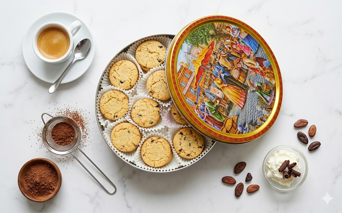 Jacobsens of Denmark Tiramisu Cookies with Dark Chocolate Chips – 454g Embossed  European Market Square  Tin