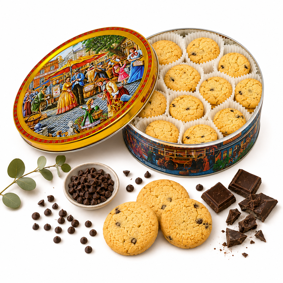 Jacobsens of Denmark Tiramisu Cookies with Dark Chocolate Chips – 454g Embossed  European Market Square  Tin