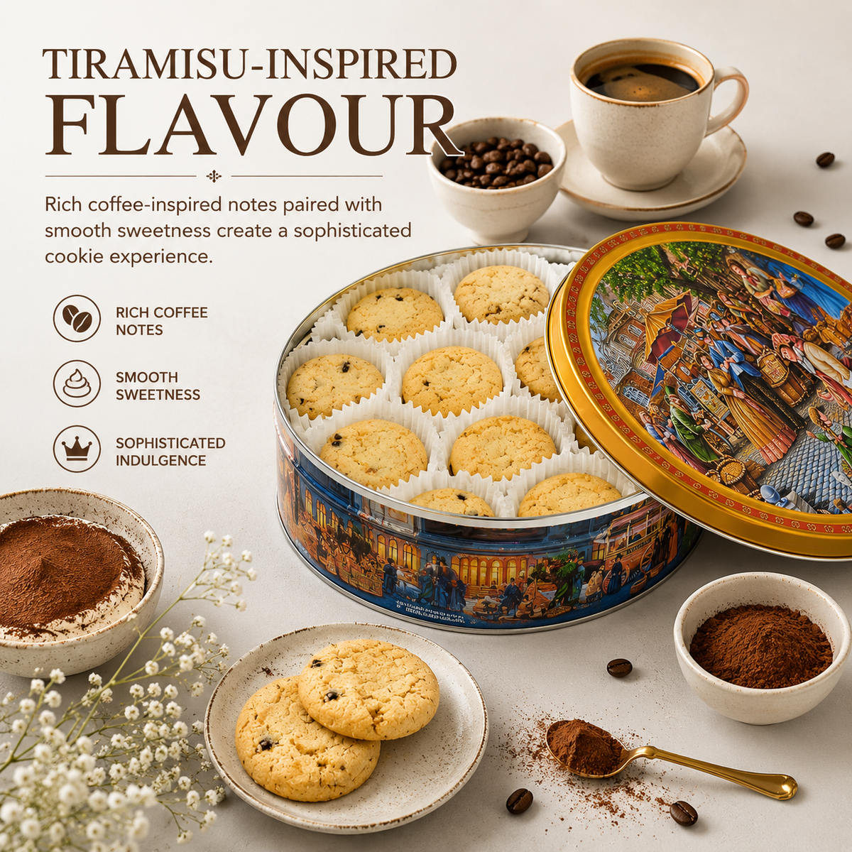 Jacobsens of Denmark Tiramisu Cookies with Dark Chocolate Chips – 454g Embossed  European Market Square  Tin