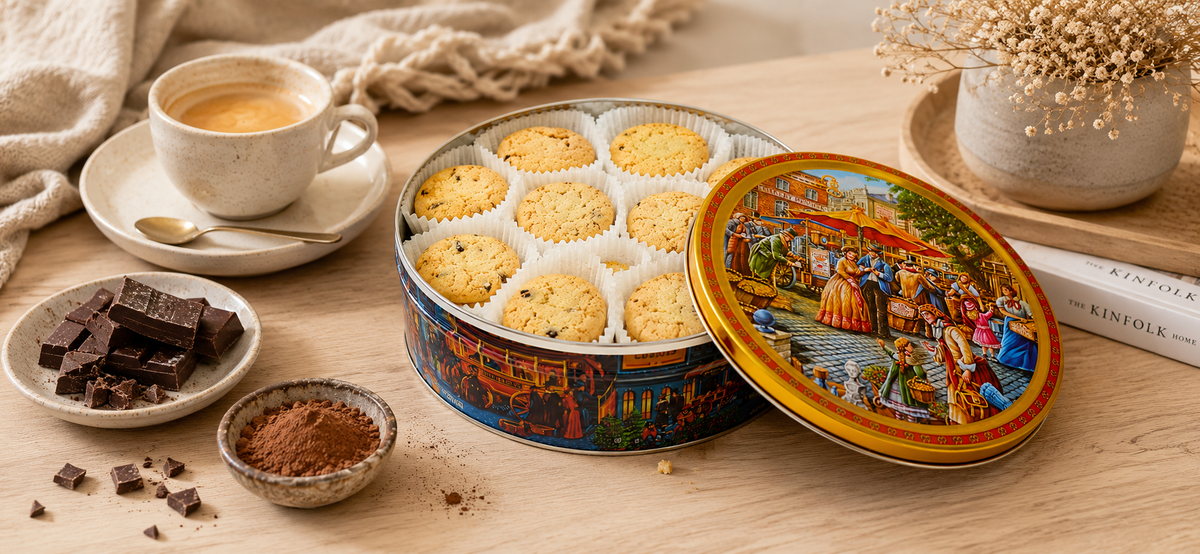 Jacobsens of Denmark Tiramisu Cookies with Dark Chocolate Chips – 454g Embossed  European Market Square  Tin