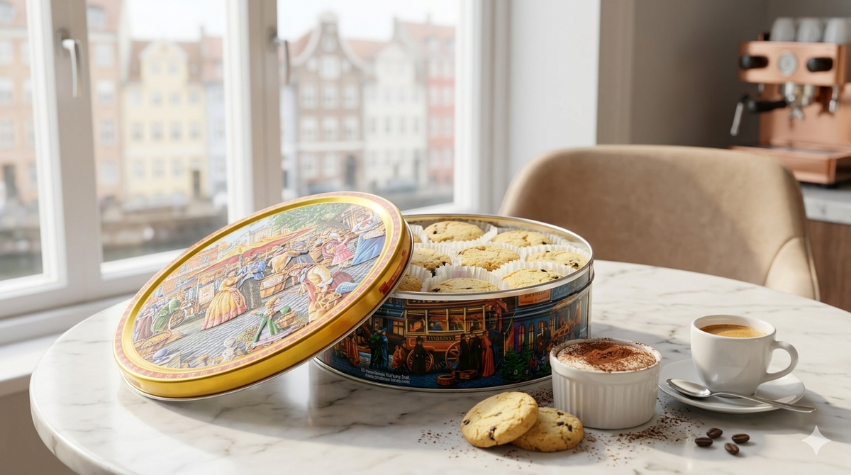 Jacobsens of Denmark Tiramisu Cookies with Dark Chocolate Chips – 454g Embossed  European Market Square  Tin