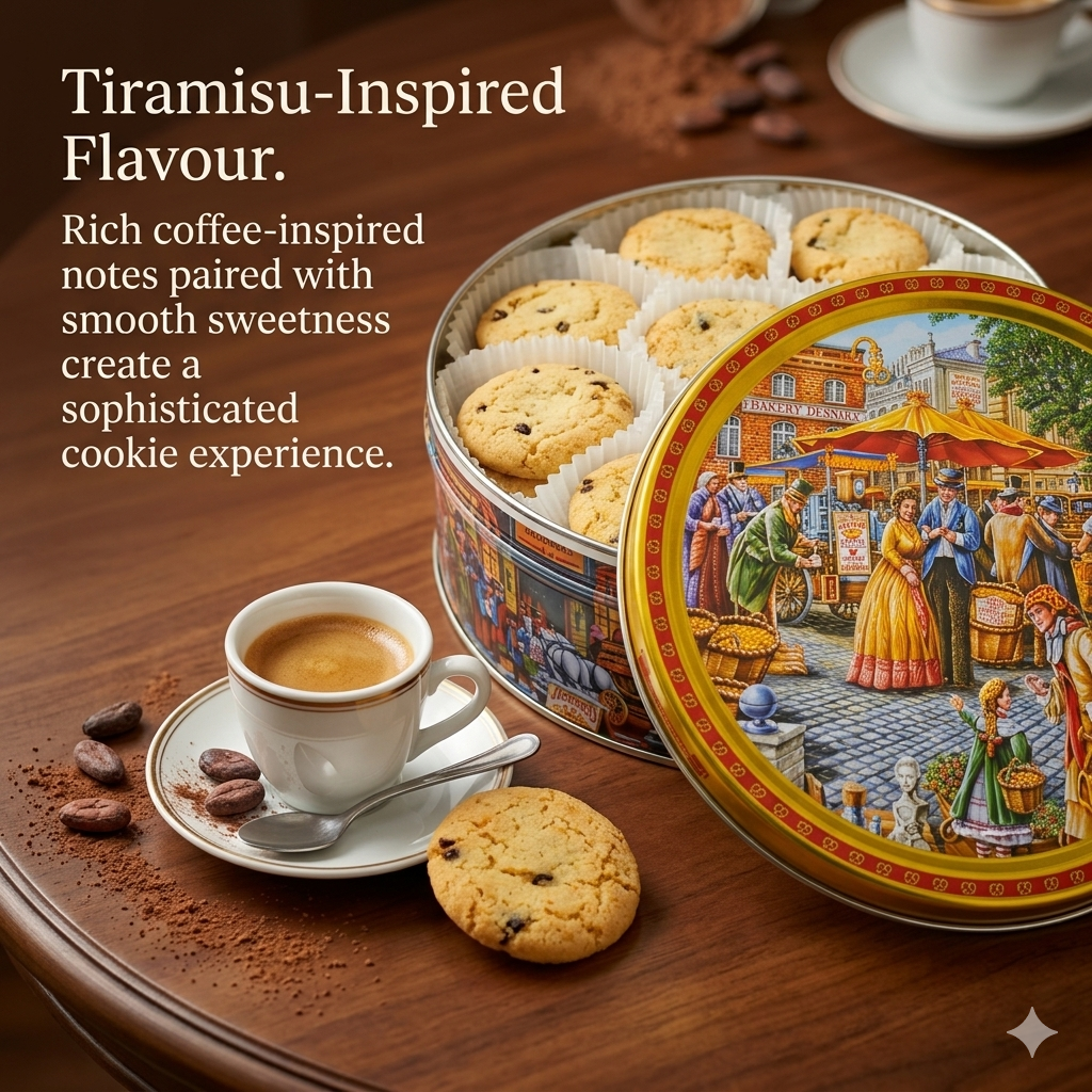 Jacobsens of Denmark Tiramisu Cookies with Dark Chocolate Chips – 454g Embossed  European Market Square  Tin