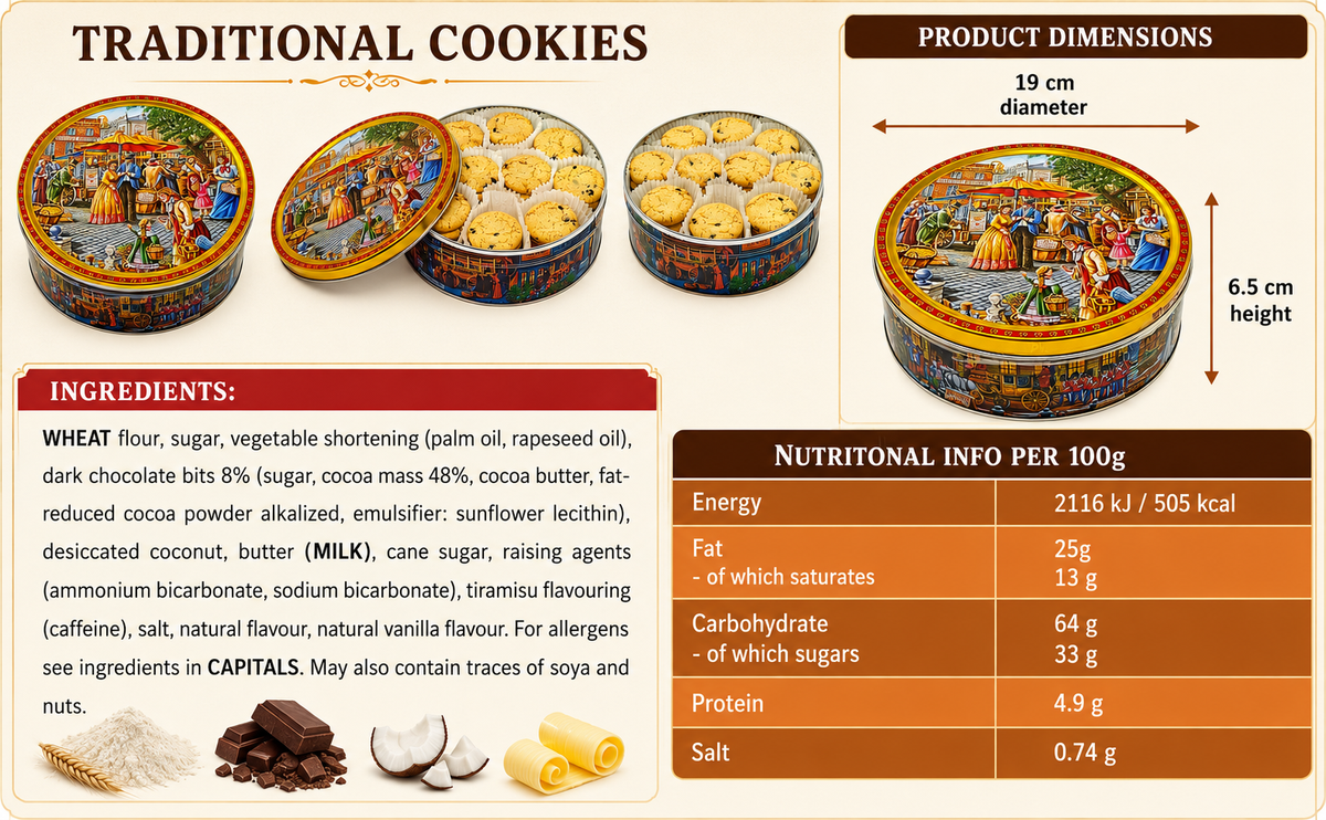 Jacobsens of Denmark Tiramisu Cookies with Dark Chocolate Chips – 454g Embossed  European Market Square  Tin