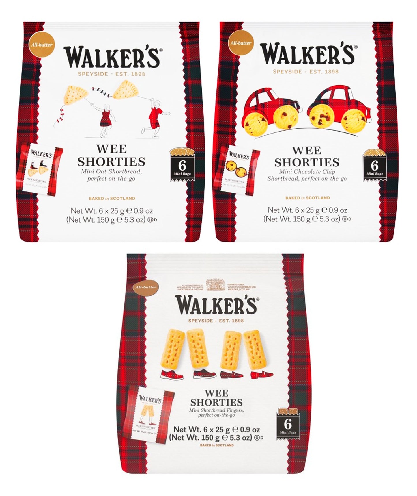 Walkers Shortbread Mini Wee Shorties Multipack (Chocolate Chip, Oat, Fingers) Vegetarians Kosher 3 x 150g