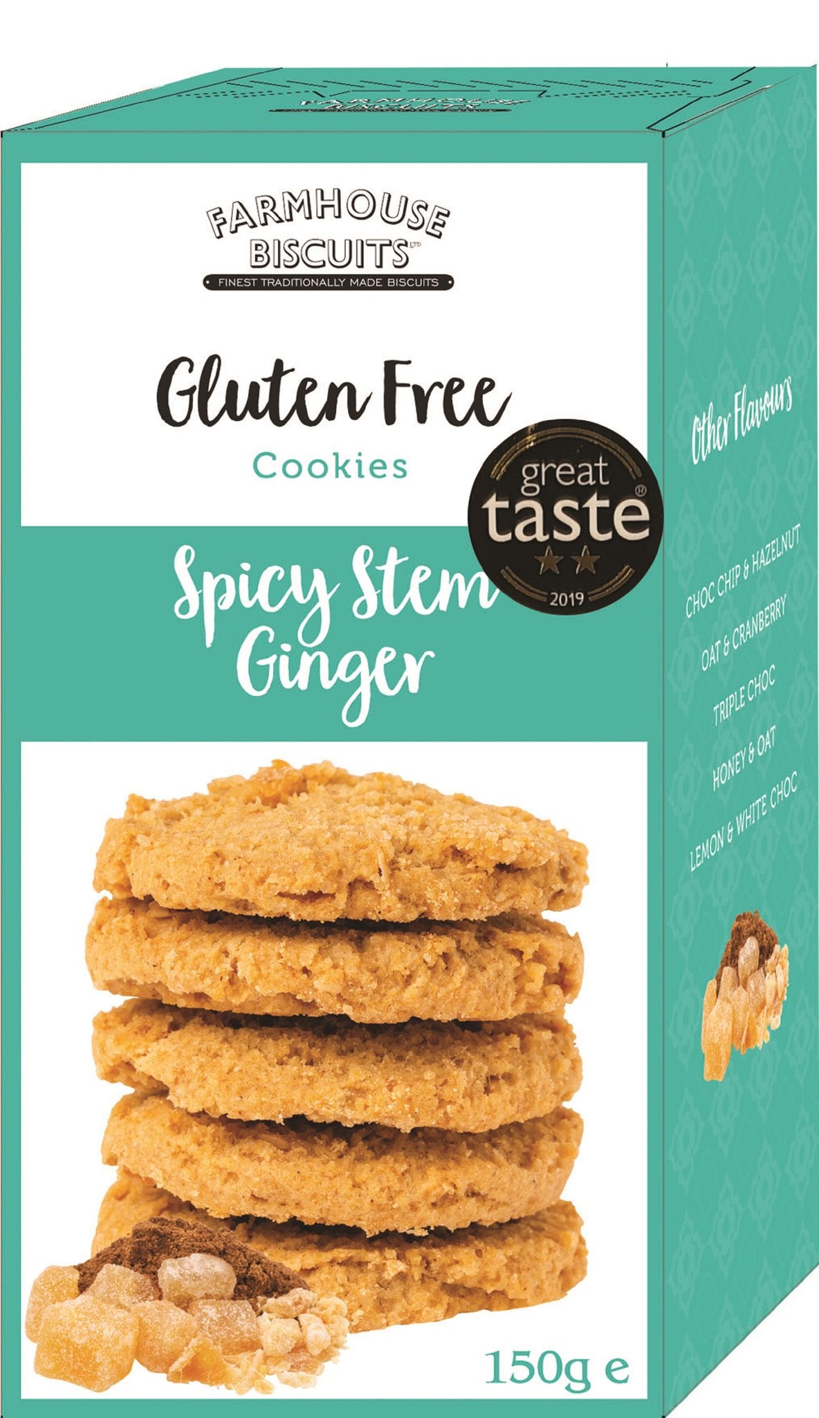 Farmhouse Biscuits Gluten Free Hamper - Triple Choc Cookies 150g, Spicy Stem Ginger 150g, Honey & Oat Gift Tube 150g