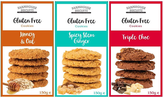 Farmhouse Biscuits Gluten Free Cookies- Spicy Stem Ginger, Triple Chocolate and Honey Oat (Pack of 3)