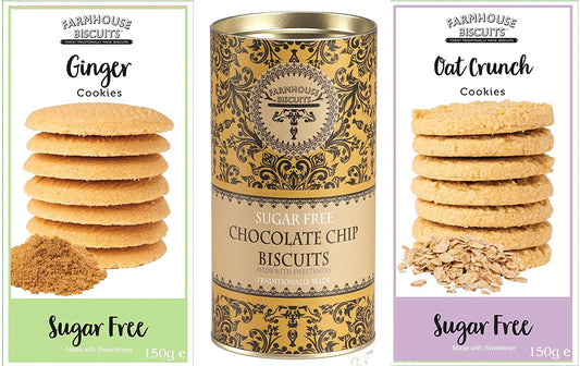 Farmhouse Biscuits Sugar Free Hamper - Ginger Cookies (150g), Chocolate Chip Gift Tube (150g), Oat Crunch Cookies (150g)